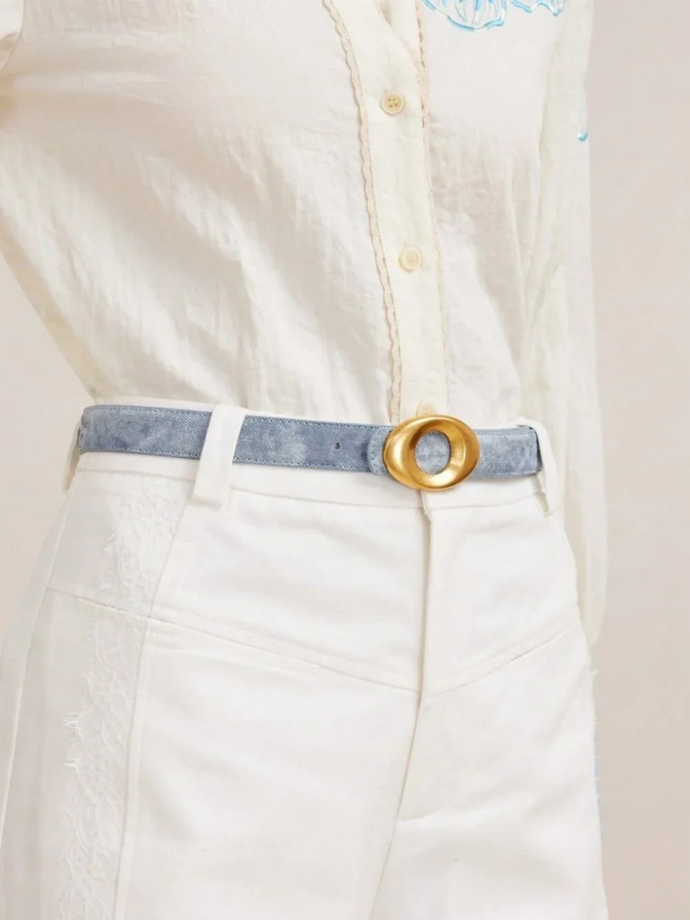 Chambray Blue Denim Belt with Oval Gold Buckle